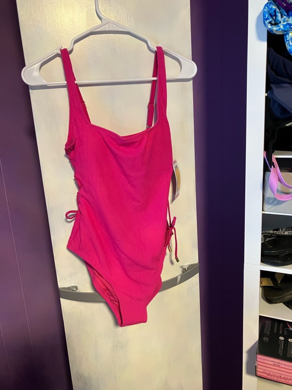 Ribbed Hot Pink One-Piece Swimsuit with Side Tie